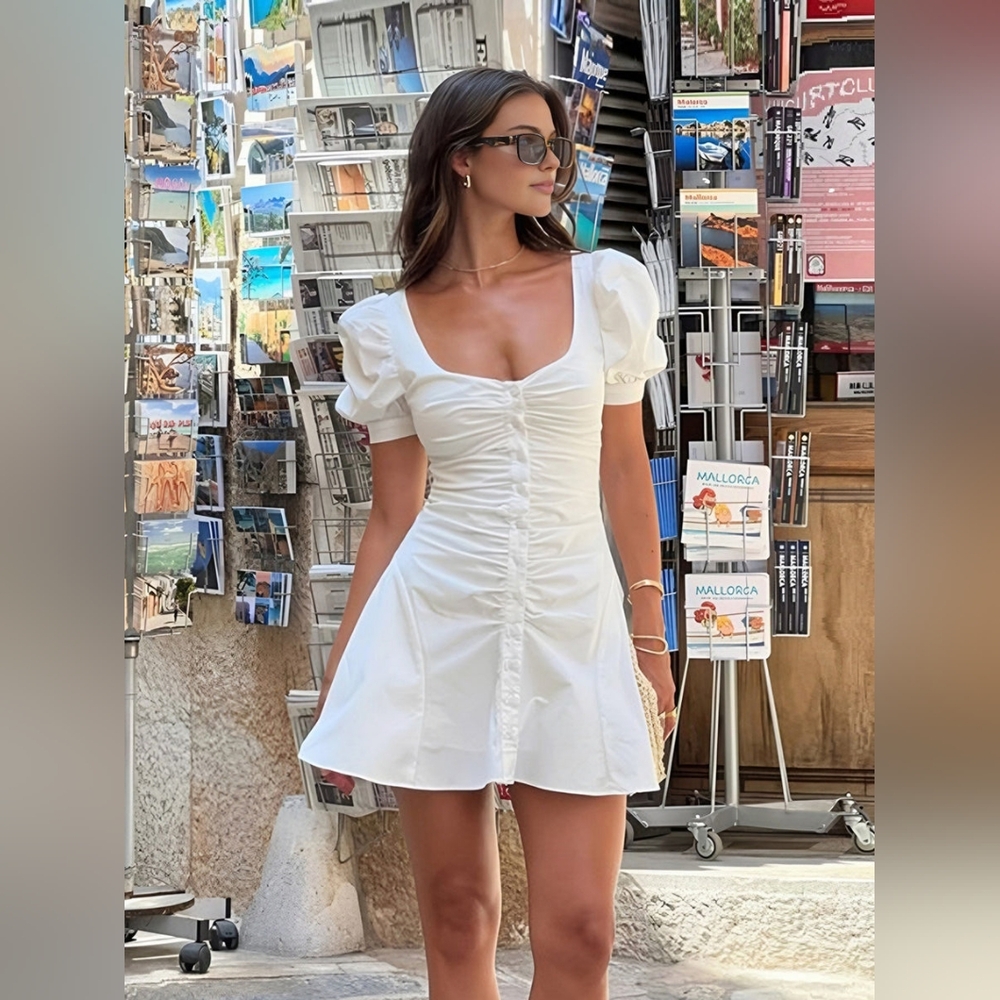 NWT COMMENSE Elegant White Puff Sleeve Dress